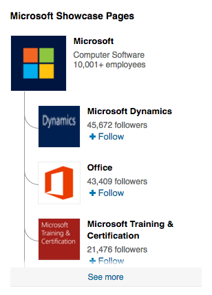 LinkedIn Showcase Pages list