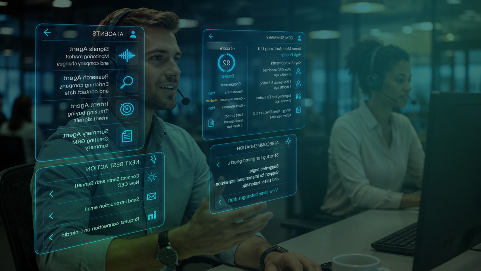 Sales team in a ,odern office support by virtual screens displaying agentic AI sourced customer account summaries