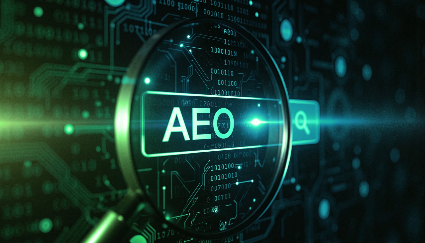 Digital image depicting a virtual magnifying glass highlighting an AEO search bar.