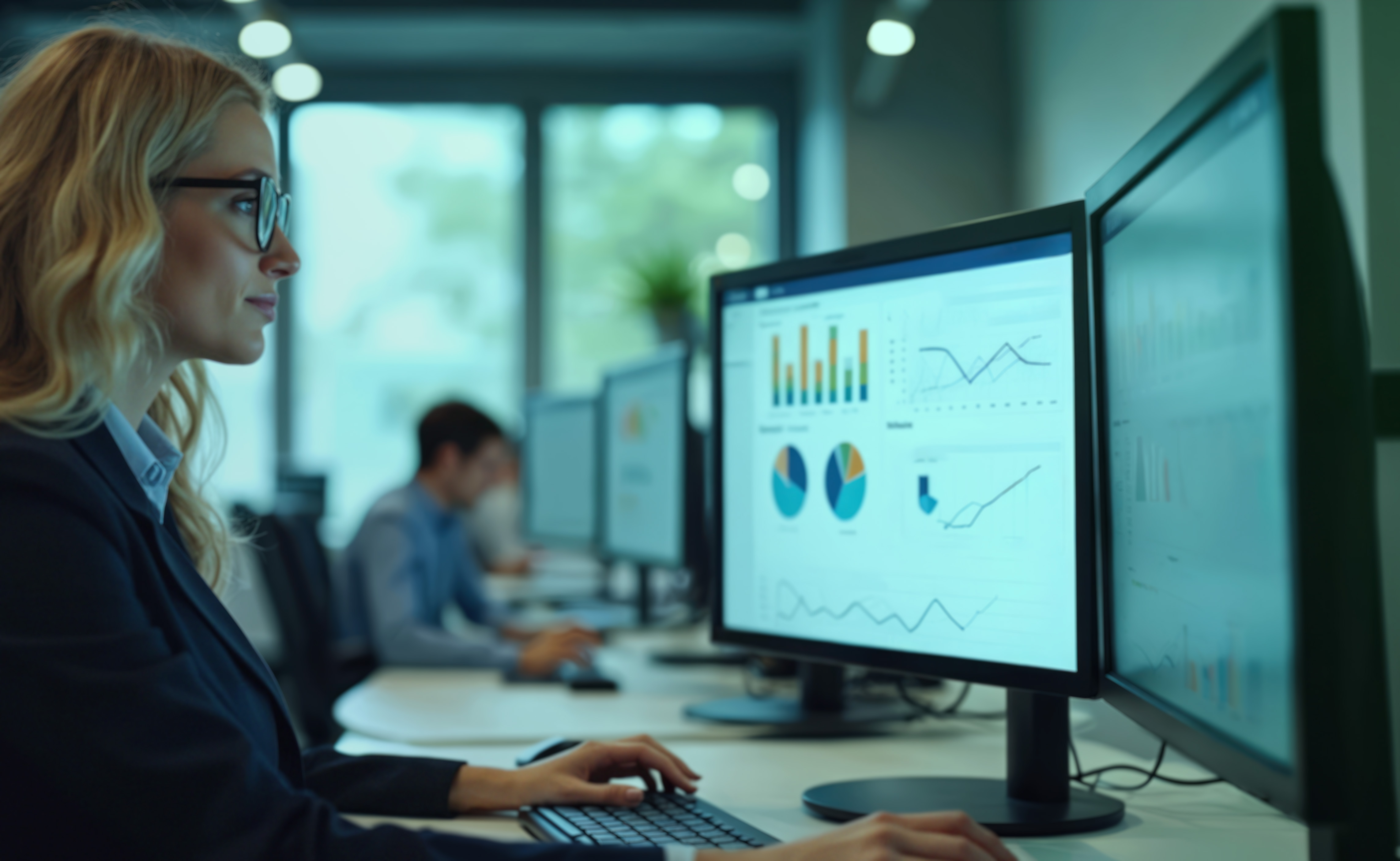 Business woman at her desk analyzing a CRM portal. She is smartly dressed and in a modern office environment with colleagues in the background.