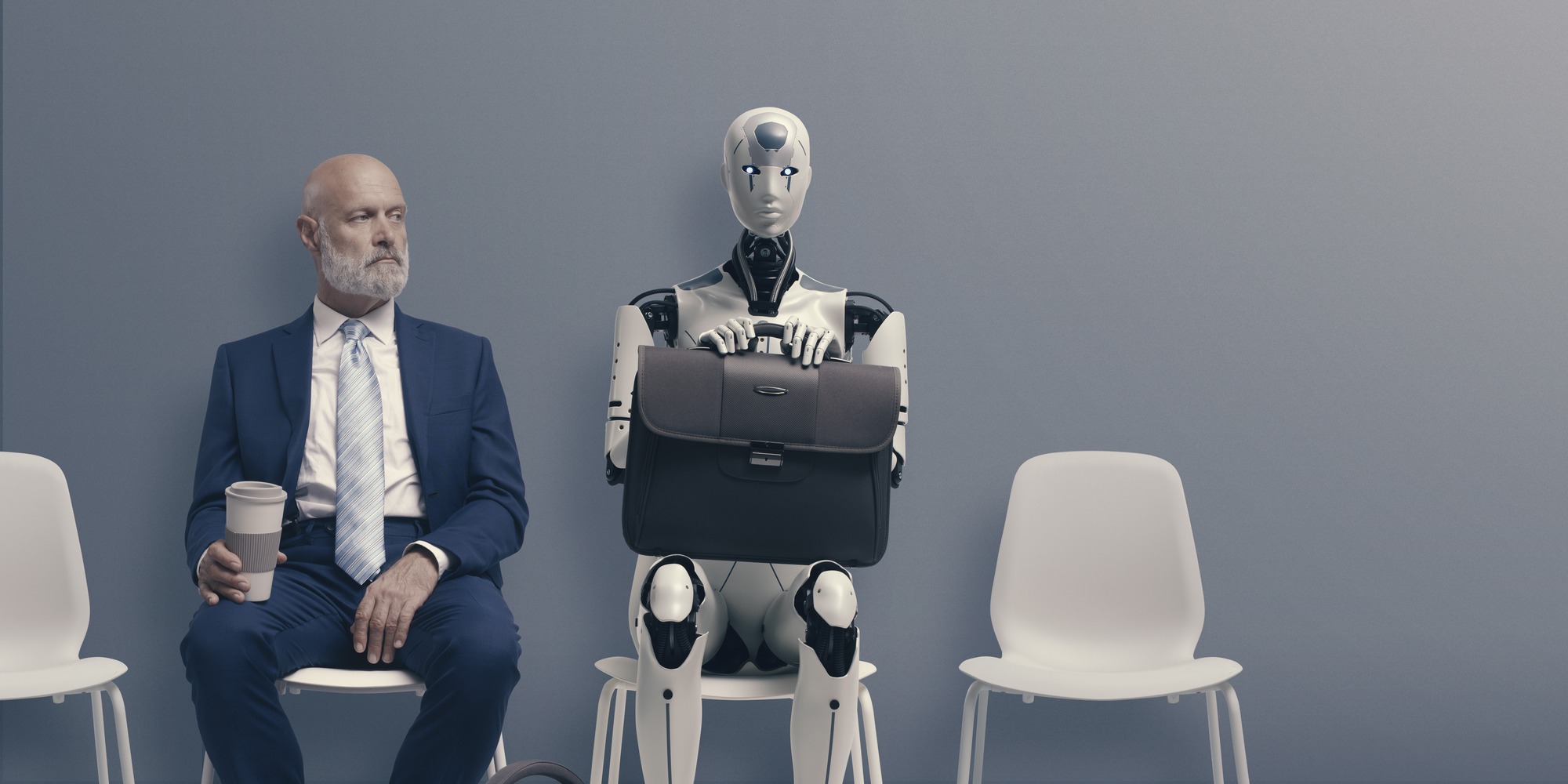 An AI and a marketer sat at a job interview